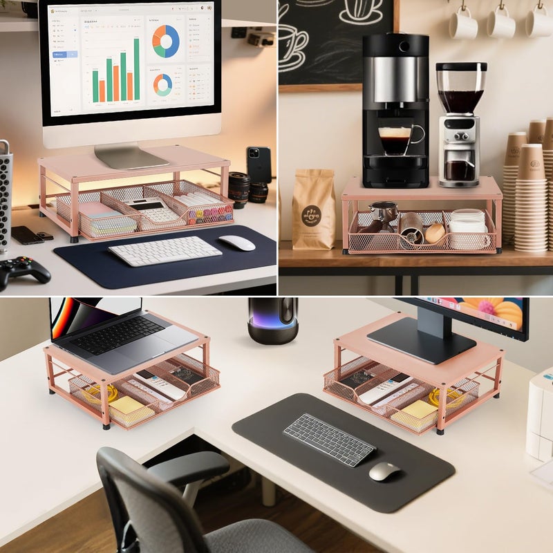 Gugsey Small Laptop Stand for Desk, Monitor Stand Riser, Office Desk Accessories, Computer Desktop Stand with Drawer for Home, Office, School (Bronze) - Image 3